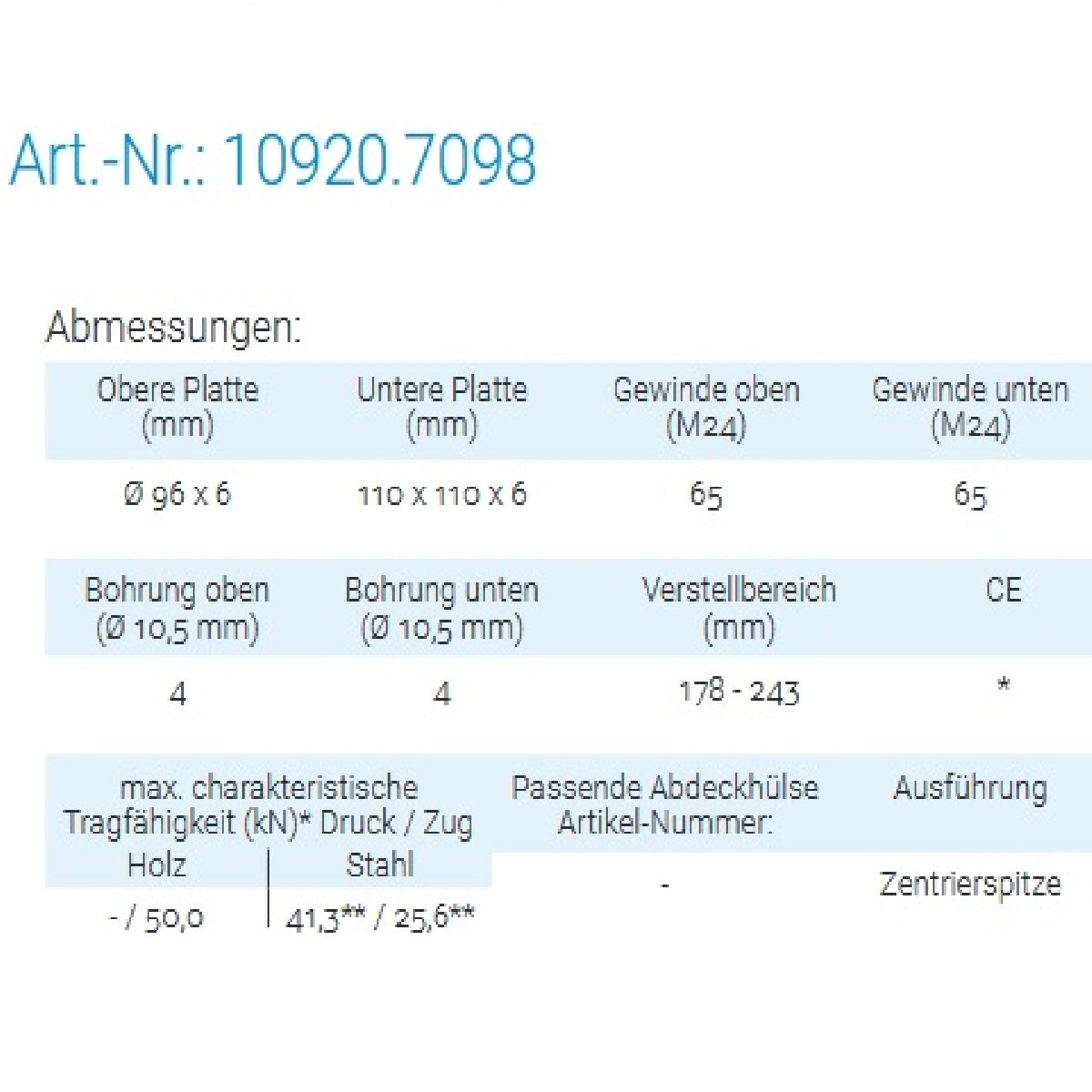 Datenblatt für Pitzl 10920.7098 bei SicherFest.de